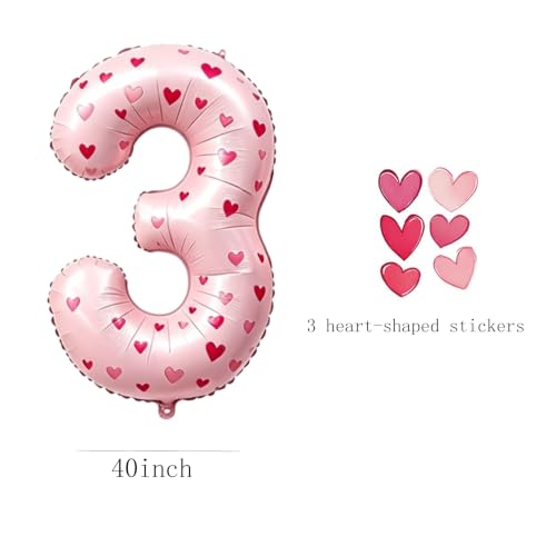 Image of 40 Inch Pink Heart Shaped Stickers Number 3 Balloon Happy Birthday Party Decorations Big Foil Number Balloons for Birthday Anniversary Party Supplies，Light pink 3