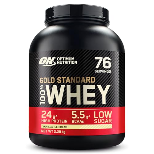 Optimum Nutrition Gold Standard 100% Whey, Poudre de Protéines pour Construction et Récupération Musculaire, avec Glutamine et Acides Aminés BCAA Naturels, Crème Glacée Vanille, 76 Portions, 2,28 kg