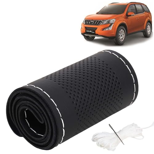 Image of KINGSWAY PU Leatherite Car Steering Cover Sewable Compatible with Mahindra XUV 500 (Year 2015-2017), Black Color with Silver Thread, Pack of 1 with Sewing Needle and Thread