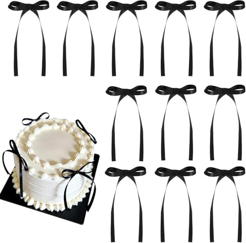 OSYLICT 12PCS Bow Cake Topper,Bowknot Ribbons Cupcake Dessert Picks Decorations for Birthday Wedding Bridal Anniversary Baby Shower Party Supplies(Black)