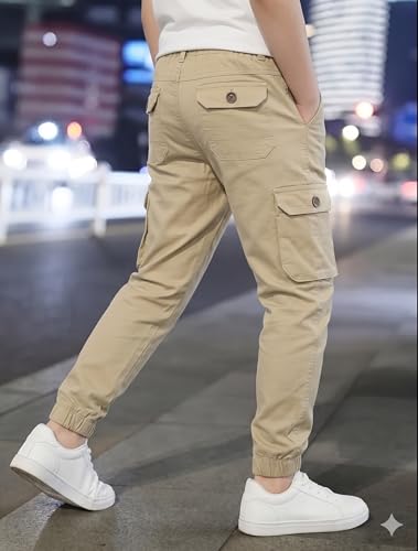 Image of A.T.U.N. (ALL THINGS UBER NICE) Boys Cotton Cargo Pants | Soft Comfortable Casual Wear | Relaxed Fit Trousers with 6 Utility Pockets | Adjustable Waist for Daily Outdoor and Travel Use