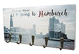  elbPLANKE mit Haken - Fuck the World, I\'m going to Hamburch  12x24 cm  Schlüsselbrett von Fotoart-Hamburg  mit 5 Antike Haken aus Holz (Kiefer/Fichte) - 100% Handmade