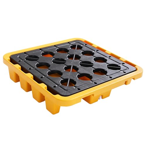 Cjgyz Spill Containment Pallet | 28.35x28.35x6.3 in | Industrial Stackable Modular with Grating & Drain Outlet, Yellow