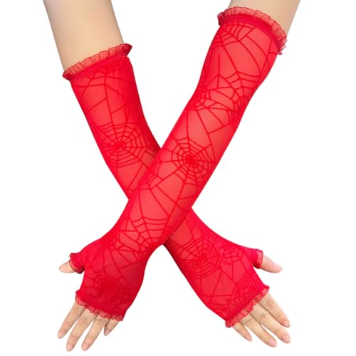 Mrotrida Women's Punk Fingerless Glove Cosplay Ripped Gloves for Halloween Costume Party 1Pair (Red Spider Web)