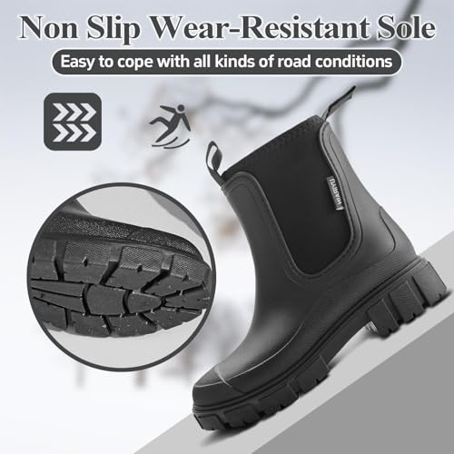 SmoothPace Gummistiefel Damen Gefüttert Wasserdicht Gummistiefeletten Halbhohe Chelsea Boots Rutschsicher Abriebfest Atmungsaktiv Regenschuhe Komfort Garten Stiefeletten Black 38EU