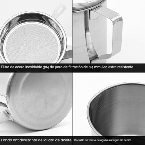 Miniatura 3 de 1200ml Filtro Aceite Cocina Acero Inoxidable, Recipiente De Grasa En Lata, Graseras De Cocina Con Malla Fina Colador Y Tapa Para Grasera