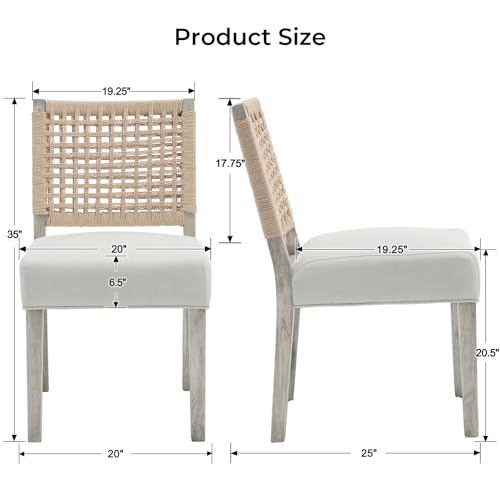 LZAREAL Farmhouse Dining Chairs Set of 4 Linen Fabric Upholstered Accent Side Chair, Mid Century Modern Kitchen & Dining Room Chairs with Woven Rope Back for Home, Living Room, Bedroom - White