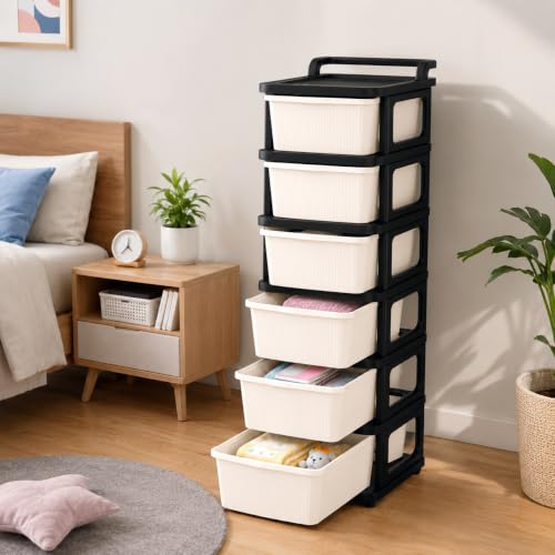 Image of Heavy Duty Plastic Storage Drawer with Wheels | Modular Cabinet for Bedroom, Office, Home or Classroom| Chest of Drawers Organiser for Cosmetics, Kitchen items, Toys (White & black, 6)