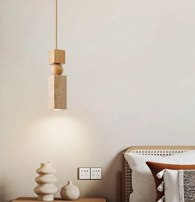 Lampe suspendue LED en travertin et bois pour un éclairage doux
