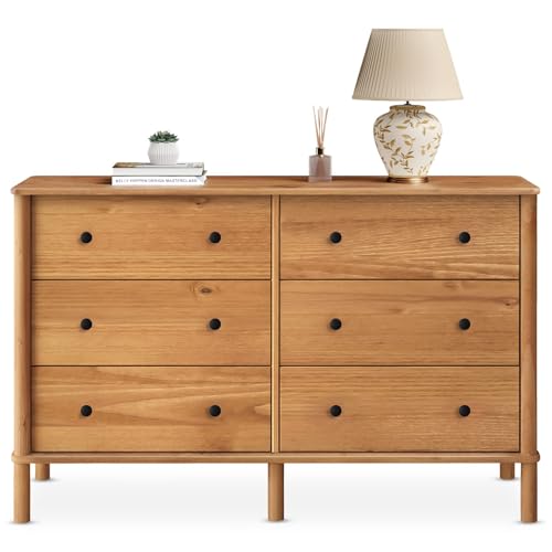 IDIMEX Commode Chambre APOANA L 132 cm 6 tiroirs en Bois Massif Coloris chêne, Meuble de Rangement pour vêtements Design Naturel, tiroirs spacieux poignées...