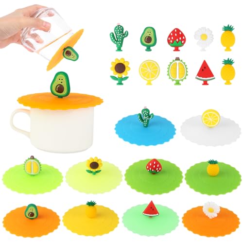 10 Pcs Couvercle Tasse Silicone, Couvercles en Silicone pour Verres, Anti-poussière Mug Couvercle avec Poignée à Fruits, Réutilisables Cup Lid Couvercles...
