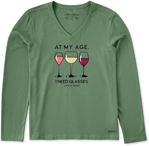 Life is Good. Women's I Need Wine Glasses Long Sleeve Crusher Vee, Granite Green