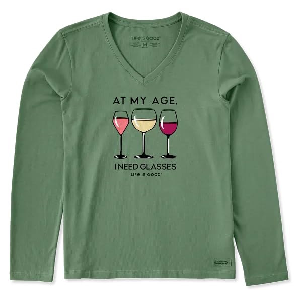 Life is Good. Women's I Need Wine Glasses Long Sleeve Crusher Vee, Granite Green