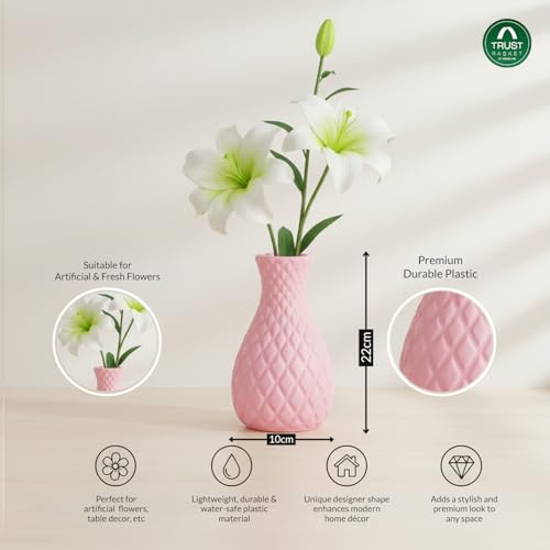Image of TrustBasket Serenity Decorative Plastic Flower Vase Set Yellow Pink, Modern Table Top Home Accent for Living Room Bedroom Dining Office, Minimalist Durable Lightweight Decorative Set of 2