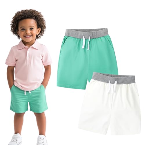 Image of HILEELANG Toddler Boy Chino Shorts Summer Cotton Stretch Drawstring School Uniform Jogger Shorts 2 Pack