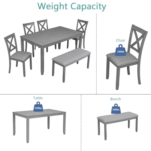 Image of Harper & Bright Designs 6-Piece Dining Table Set with 4 Upholstered Chairs & Bench, 58.5 inch Rectangular Solid Wood Frame Table, Dining Table Set for 6 People, Living Room, Home Bar and Kitchen,Grey