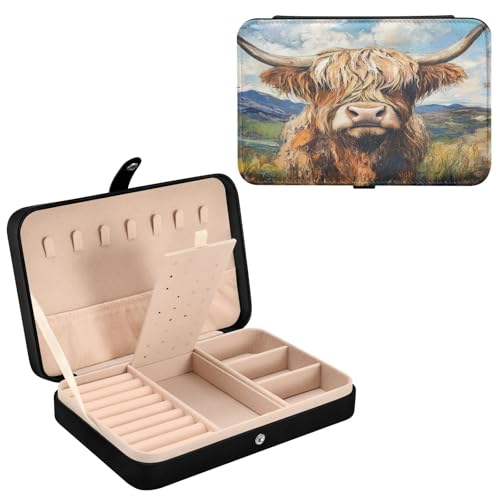 Haskirky Highland Cow Jewelry Box Portable PU Leather Travel Jewelry Organize for Women Jewelry Storage Display Holder for Ring, Necklace, Earring