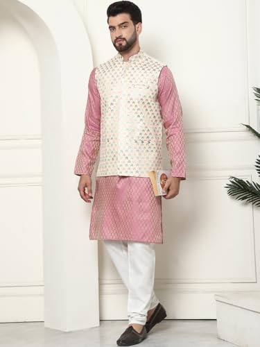 Sojanya (Since 1958 Men's Silk Blend Printed Pink Kurta And Cream Pyjama With Designer Cream Nehru Jacket