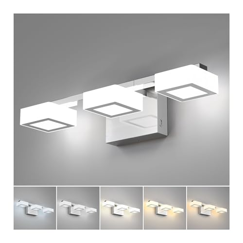 LED Modern Bathroom Light Fixtures, 3-Light Dimmable Vanity Lights with 5 Color Modes, Matte Chrome Acrylic Bathroom Wall Lighting Fixtures Over Mirror, 2700K- 6500K Adjustable, 18 Inch, ETL Listed