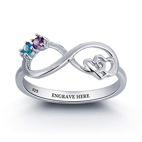Jecivila Personalized Promise Ring, 925 Sterling Silver Infinity Love Ring with 2 Round Simulated Birthstones Custom Engraved Mother Ring for Women