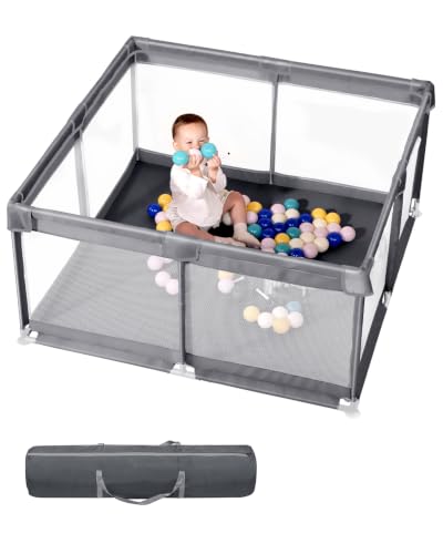 Baby Playpen with Extra Large Baby Play Yard for Toddlers Indoor & Outdoor Safe Play Area with Anti-Slip Base Easy Assembly & Storage BPA-Free (130x130x66cm Gray)