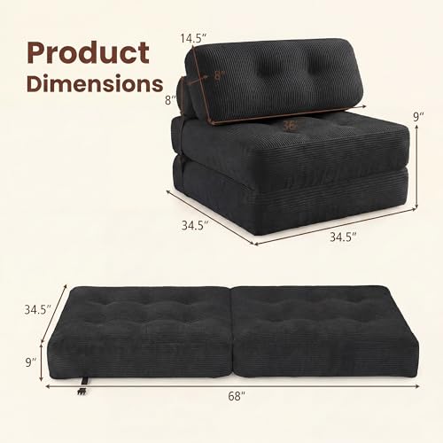 Image of COSTWAY Folding Sofa Bed with Pillow, Convertible Couch (Black) | with Backrest & Fixing Straps, Boneless Convertible Sleeper Chair for Adults, Guest Use, Living Room