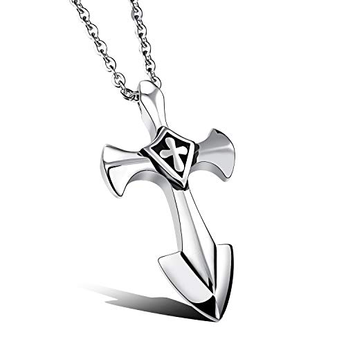 Pendentif croix en acier poli de haute qualité pour homme avec chaîne maille robuste