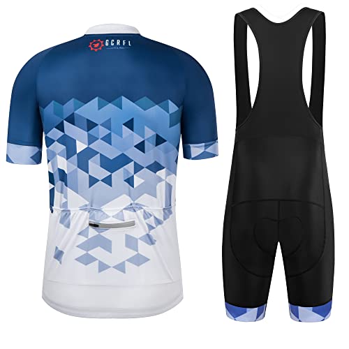 GCRFL Men\'s Cycling Jersey Set Road Bike Shorts Sleeves Jersey Zipper Pokcet Bib Shorts with Padded, Cycling Clothing kit Men (Blue White, XL)