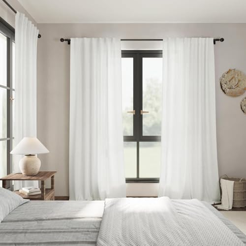 Image of Off White Linen Curtains 96 Inches Long 2 Panels Set Back Tab Rod Pocket Semi Sheer Light Filtering Window Curtain Drapes Neutral Modern Aesthetic Long Curtains for Living Room Bedroom Decor 40x96
