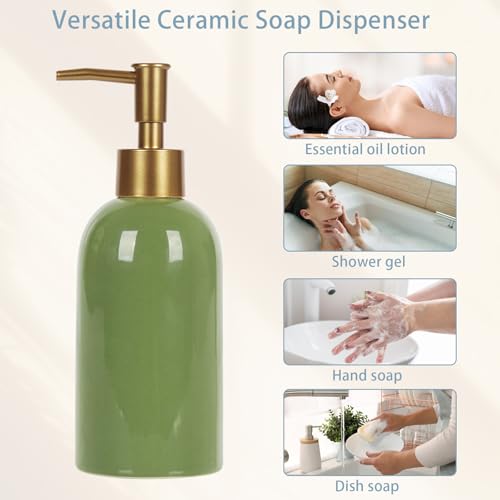 Image of Natheeph 14OZ Ceramic Soap Dispenser, White, Pump Dispenser for Bathroom /Kitchen, 200ml Liquid Capacity (2pc Green) | Refillable Dish Soap, Hand Soap, Wash Gel, Lotion & Liquid, Ceramic, for Bath, Kithen Sink, Laundry Room, Bedroom