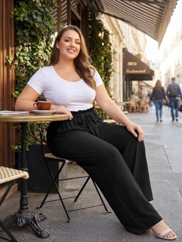 Image of OLRIK Women's Plus Size Pants Adjustable High Waisted Wide Leg Palazzo Pants Casual Trousers with Pockets Spring Clothes