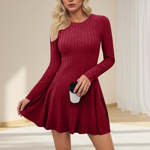 Maayoae Women's Ruffled V‑Neck 3/4 Length Sleeve Ribbed Knit Dress Flowy Flare Hem Sweater Dress - image 3