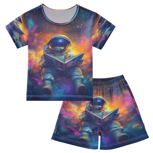 ALAZA Astronaut Reading Book Space Pajamas Set Short Sleeve Cotton Sleepwear Summer Pjs 2 Piece 5-14Y