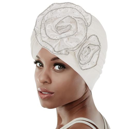 Bohend African Black Turban Flower Stretchy Women Head Wraps Rhinestone Elastic Head Scarf for Head Covering
