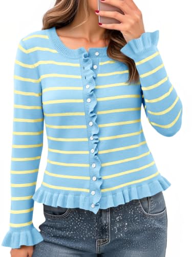 Image of Saodimallsu Womens Ruffle Cardigan Sweaters Button Up Crew Neck Long Sleeve Cropped Sweater Cute Soft Knit Tops