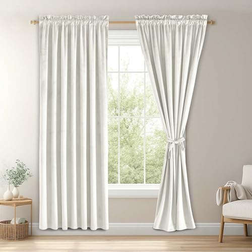 JIUZHEN Ivory Velvet Blackout Curtains 52W x 72L 2 Panels with Tiebacks