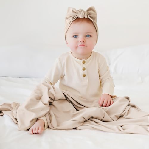 Image of GRSSDER Newborn Blanket, Ultra Soft Jersey Receiving Blanket with Matching Headband and Beanie Set, Stretchy Baby Swaddle 47x47 inch, Extra Large Neutral Swaddle Wrap for Girls and Boys