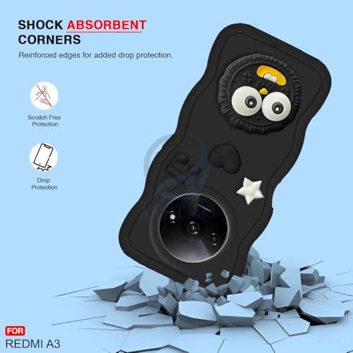 Image of AESTMO Back Case Cover for Redmi A3 | 3D Cute Fun Cartoon Characters | Anti Slip Grip Cute Wave Curly Frame Shape | Full Body Protection Back Cover for Redmi A3 | (Black)