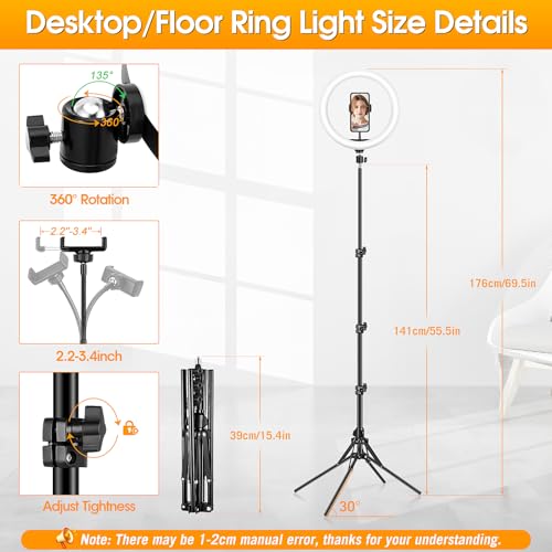 11.5 Zoll Ringlicht mit Stativ Handy, Tisch LED Ring Light Kamera Handystativhalter mit Ringleuchte für YouTube, Selfie, Makeup, Fotografie, 40 RGB-Modi 13 Helligkeit 6