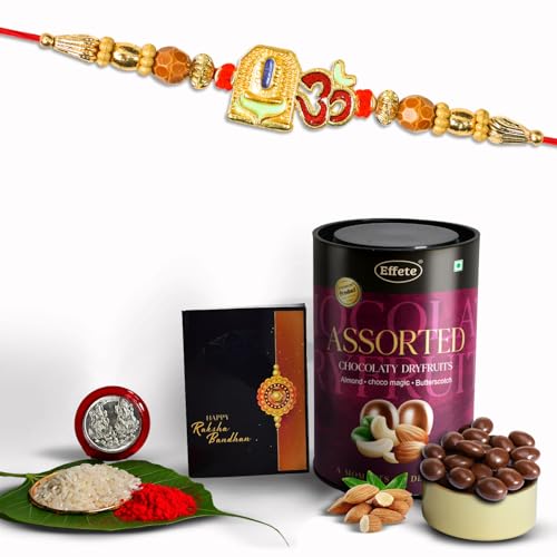 Image of DeoDap Multicolor Idol Ganesh Rakhi Bracelet Roli with Assorted Chocolate Dry Fruits 96gm, Silver Pooja Coin, Tilak Set, Greeting Card - Rakhi Gift for Brother