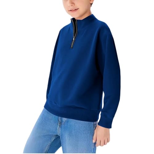 Image of Boys Half Zip Jumper School Preppy Quarter Zipper Pullover Sweatshirt Tops Spring Long Sleeve Trendy Athletic Sweatshirts Stand Collar Warm Hoodies (Blue, 9-10 Years)