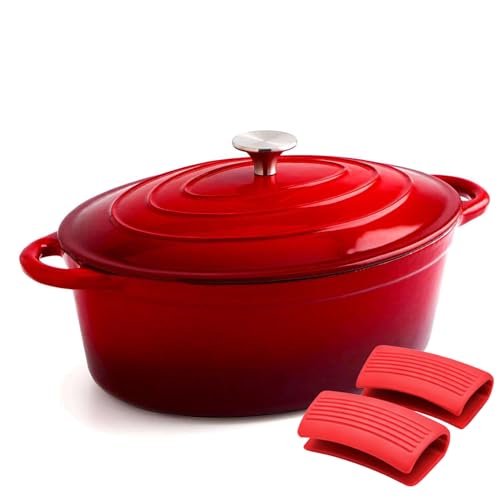 Éclat 4.5L Cast Iron Dutch Oven with Silicone Handle Covers, Enamelled Non-Stick Casserole Pot, Heavy-Duty Cookware for Baking, Braising, Slow Cooking,Roasting Dish & Stews Crimson Red Oval