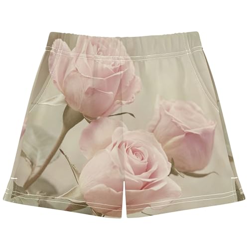 Girls Lounge Shorts Vintage Pink Rose Floral Print Athletic Youth Summer Pajama Shorts Comfy Kids Clothes, X-Small