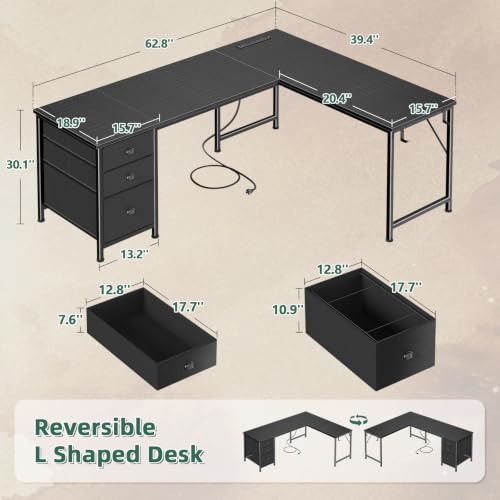 Image of Furologee 63 inch L Shaped Desk with Power Outlets & USB-C Port, Reversible Corner Computer Desk with 3 Fabric Drawers, Hooks, Large Home Office Desk for Gaming, Writing, Work, Black