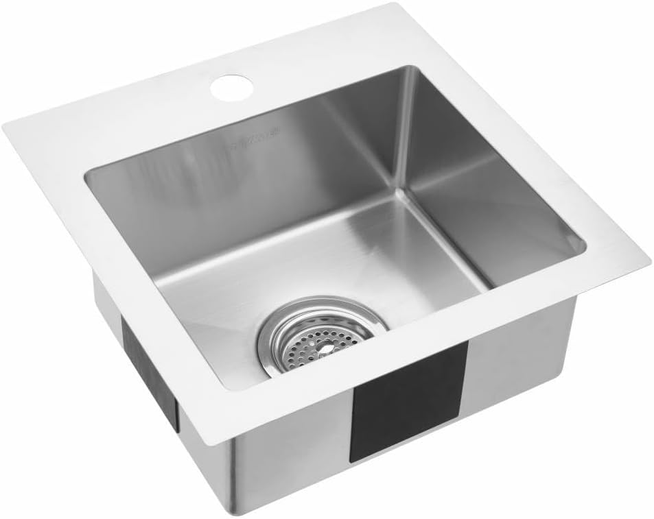 Artika SS1515R20-DY 20-Gauge Single Bowl Stainless Steel Bar Sink 10-Degree Corners with Strainer, Silver