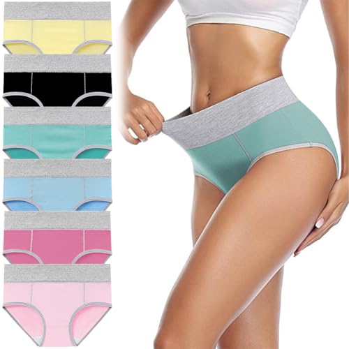 HAGOT 6PCS Bragas Talle Alto Algodón para Mujer, Bragas Mujer Algodón, Culotte Braguita de Cintura Alta Cómodo, Braguita de algodón, Elástico Culotte Cintura