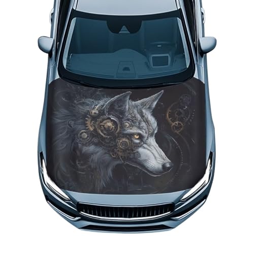 FANCOSAN Cool Wolf Car Hood Wrap Universal Car Hood Cover Protector Waterproof Vehicles Accessories Stretchable Auto Bonnet Cover for Most Sedans Trucks SUVs Pickup