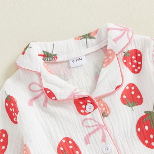 Kuriozud Toddler Baby Girl Pajamas Button Down Strawberry/Bow Top And Pants Cotton Linen Sleepwear Little Kids Girls Pajamas4