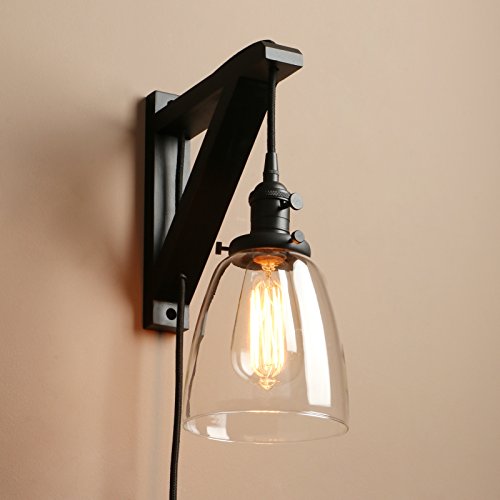 Pathson Plug-in Rustic Wall Sconce with On/Off Switch for Living Room, Bedroom, TV Wall, Hotel (Black)