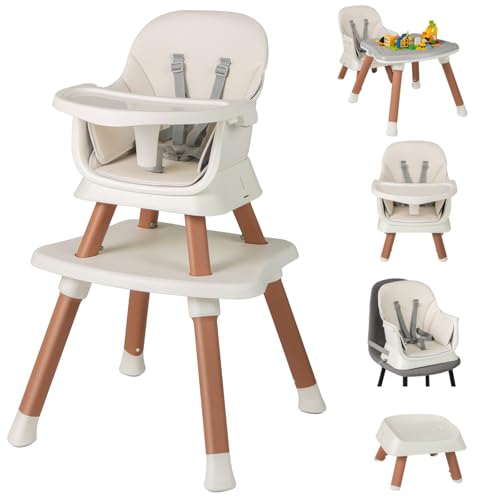 Maxmass 6 in 1 Convertible Baby High Chair, Highchair Converts to Table & Chair Set, Infant Feeding Chair with Harness, Removable Tray, High Chairs for Babies Toddlers (Beige+Natural, 58x58x98cm)